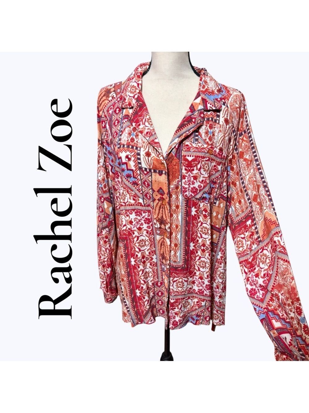 Rachel Zoe Women's Red and Blue Patterned Button Down Shirt. Size large. EUC!